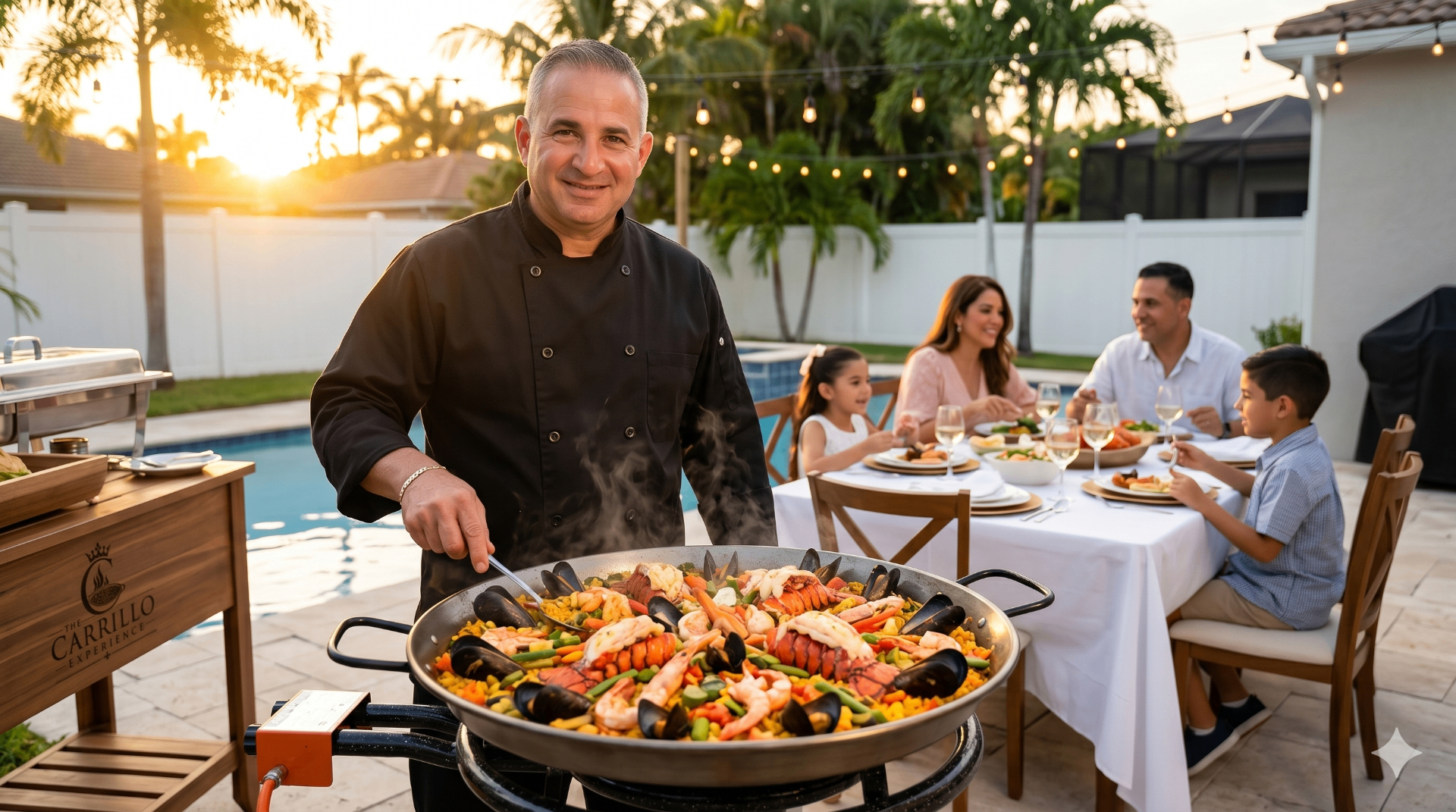 Chef Carrillo cocinando paella en una cena familiar al aire libre